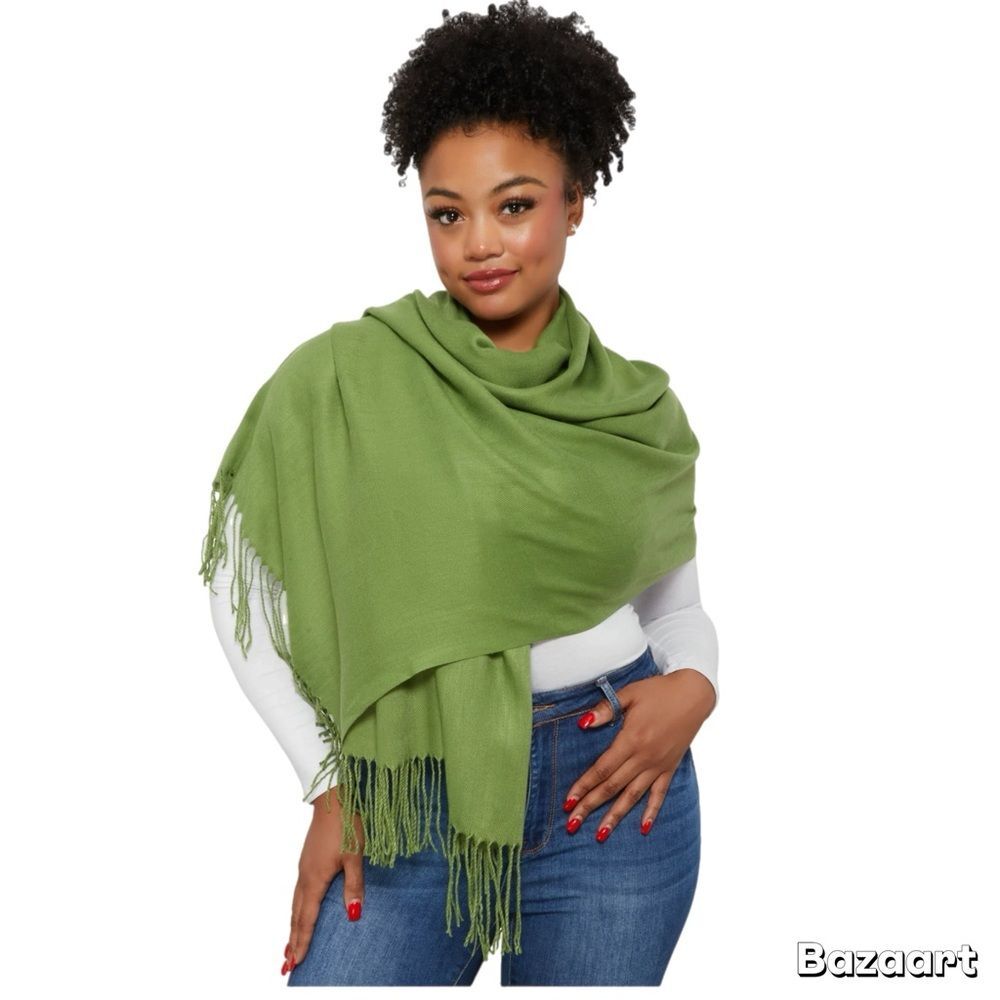 Pashmina Fringed Pashmina Wrap Shawl Green 26”X66”